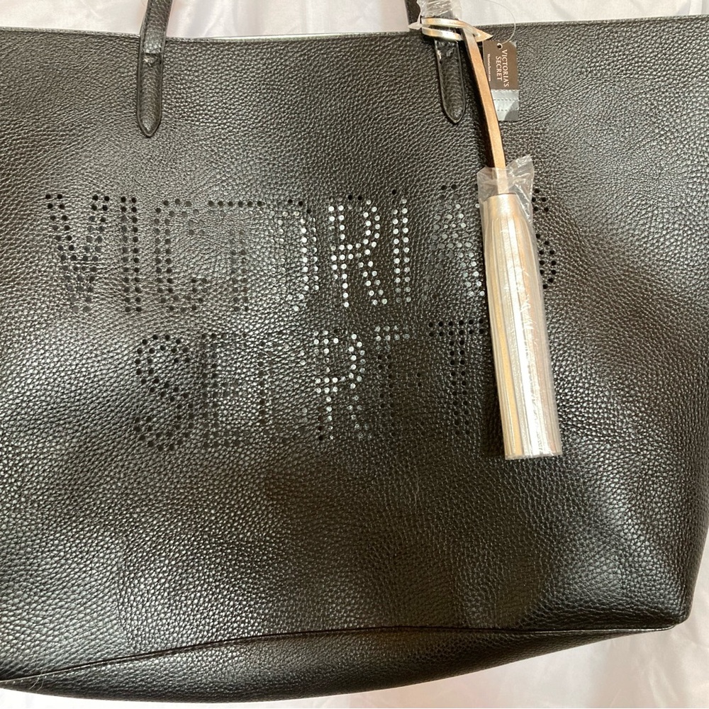 Victoria's Secret Black Leather Tote with Laser Cut VS Logo Weekender Large NWT